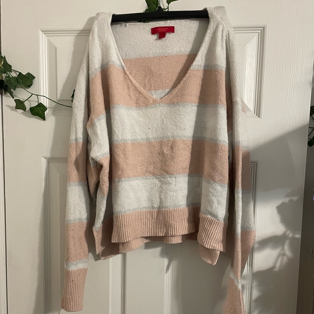 Pink and white striped Jennifer Lopez sweater L